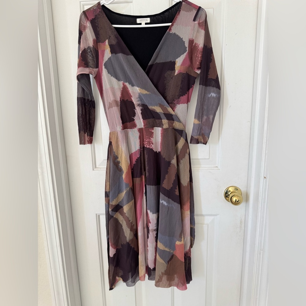 Weston Abstract Mesh Midi Dress Size Small Sheer Sleeve Wrap Style